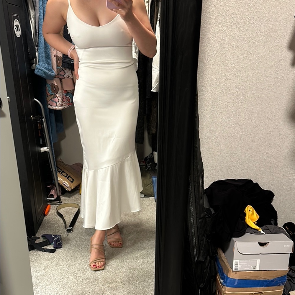 Lulu’s Strictly Romance White Satin Asymmetrical Tiered Midi Dress